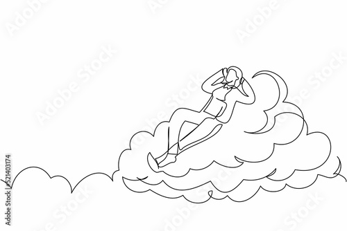 Continuous one line drawing happy successful businesswoman relaxing laying on clouds. Resting relaxation manager enjoy break time after office hour. Single line draw design vector graphic illustration