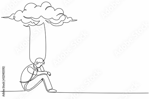 Single continuous line drawing depressed businessman feeling sad. Sitting under rain and cloud. Unhappy male loneliness, stress with business problem. One line draw graphic design vector illustration
