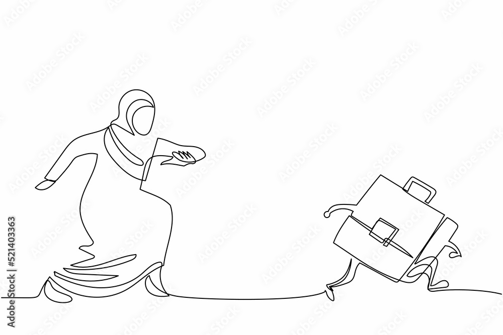 Single one line drawing Arab businesswoman chasing briefcase. Manager trying to success at office. Best performance work to growth career path. Continuous line draw design graphic vector illustration