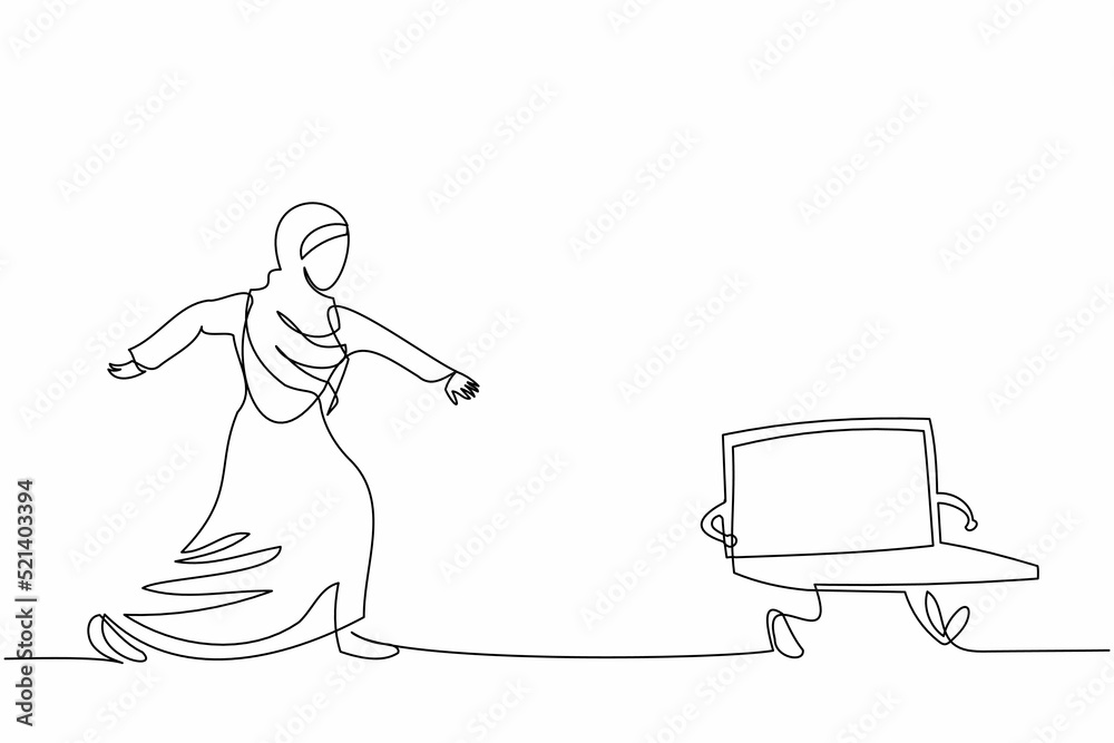 Obraz premium Single continuous line drawing Arab businesswoman try to chase laptop. Female manager works in office who has deadlines and tasks. Business metaphor. One line draw graphic design vector illustration
