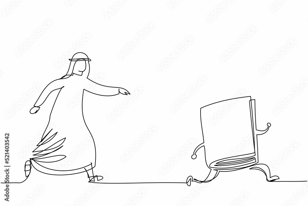 Single continuous line drawing Arab businessman chasing textbook for education. Learning aspiration concept. Literature, dictionaries, encyclopedias. One line draw graphic design vector illustration Single continuous line drawing Arab businessman chasing textbook for education. Learning aspiration concept. Literature, dictionaries, encyclopedias. One line draw graphic design vector illustration