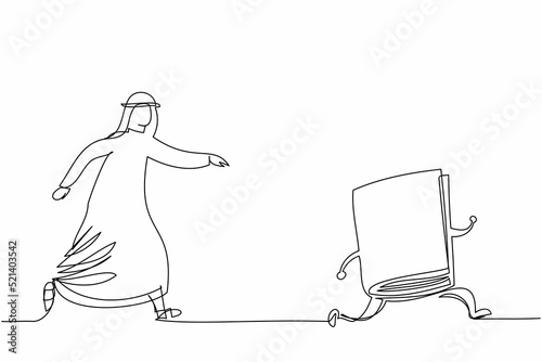 Single continuous line drawing Arab businessman chasing textbook for education. Learning aspiration concept. Literature, dictionaries, encyclopedias. One line draw graphic design vector illustration