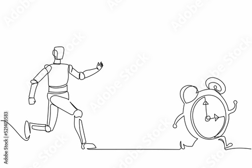 Single continuous line drawing robot chasing alarm clock. System management control and information tech industry. Modern robotic artificial intelligence. One line graphic design vector illustration