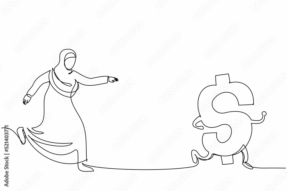 Single continuous line drawing Arabian businesswoman chasing dollar symbol. Female manager want to rich. Business project, savings money, wealth, investment. One line draw design vector illustration