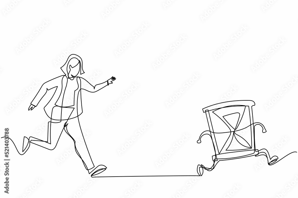 Single one line drawing businesswoman run chasing try to catch hourglass. Concept of stress, angry, burnout, deadlines, depression. Business metaphor. Continuous line draw design vector illustration