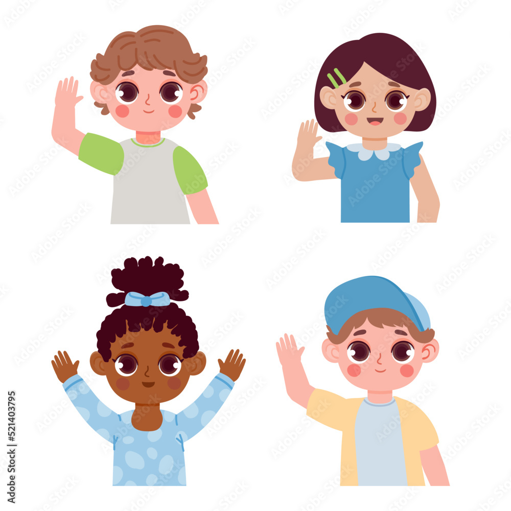 Cartoon children hello by waving hands. Different female and male smiling kids with welcoming gesture Cartoon children hello by waving hands. Different female and male smiling kids with welcoming gesture