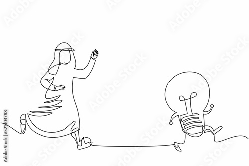 Single one line drawing Arab businessman chasing light bulb. Imagination for new business or brainstorm ideas. Motivated employee seek solution. Continuous line draw design graphic vector illustration