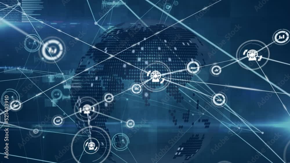 Animation of network of communication icons over globe and data processing on dark background Animation of network of communication icons over globe and data processing on dark background