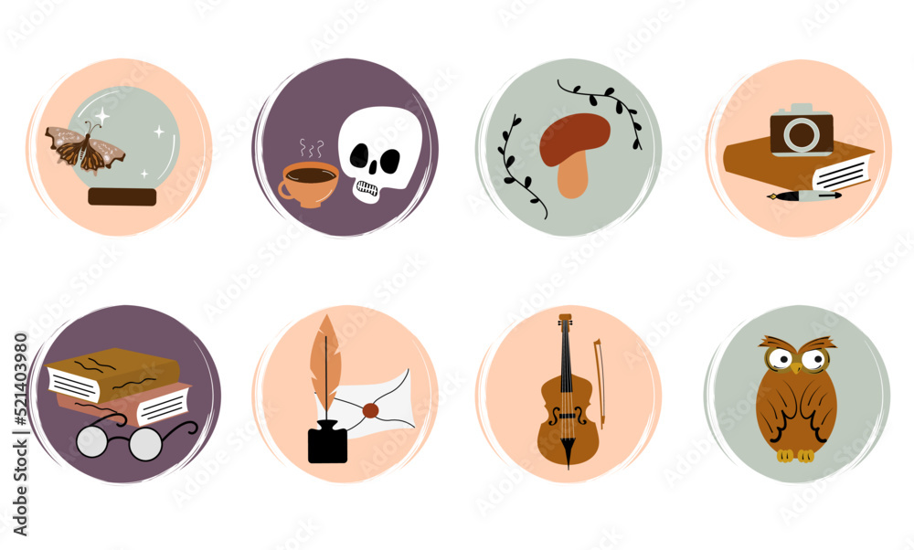 Vector set of logo design templates, icons and badges for social media highlight with cute dark academia collection elements	
