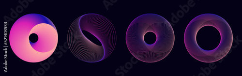  Gradient neon circle elements in line art style and fill. Abstract geometric vibrant round shapes photo