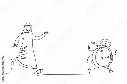 Continuous one line drawing Arabian businessman chasing alarm clock. Management control and schedule work. Organization task and business deadline. Single line draw design vector graphic illustration