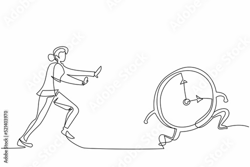 Single one line drawing stressed businesswoman chasing time or clock. Office worker being chased by work deadlines. Running out of time. Modern continuous line draw design graphic vector illustration