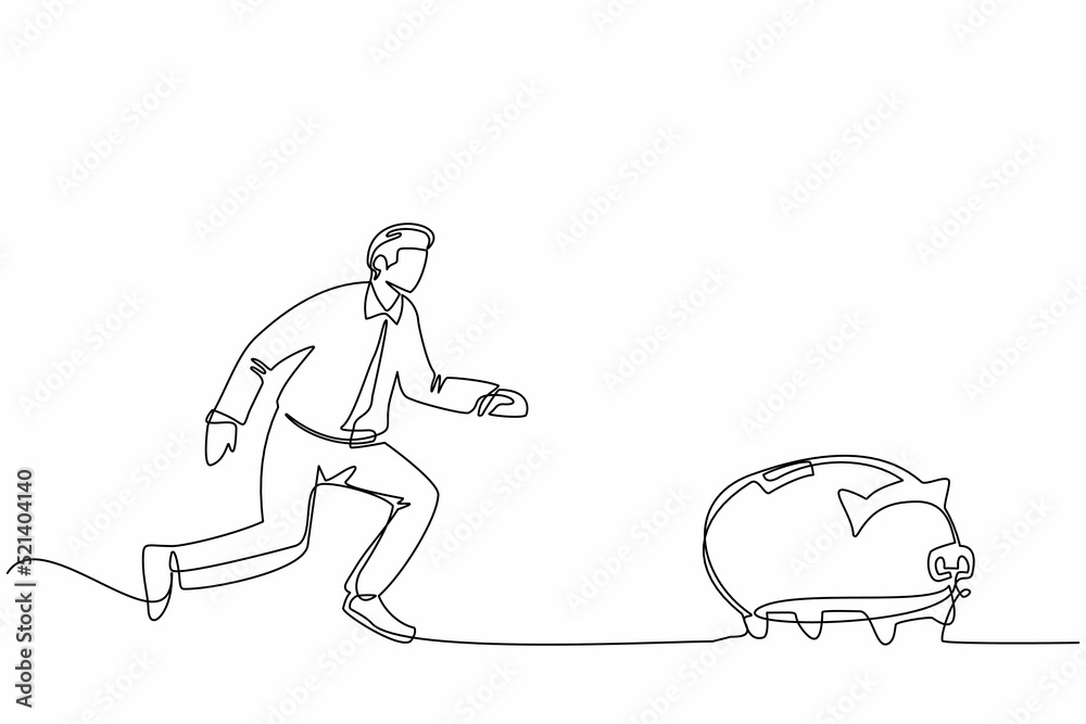 Single continuous line drawing businessman chasing piggy bank, trying ...