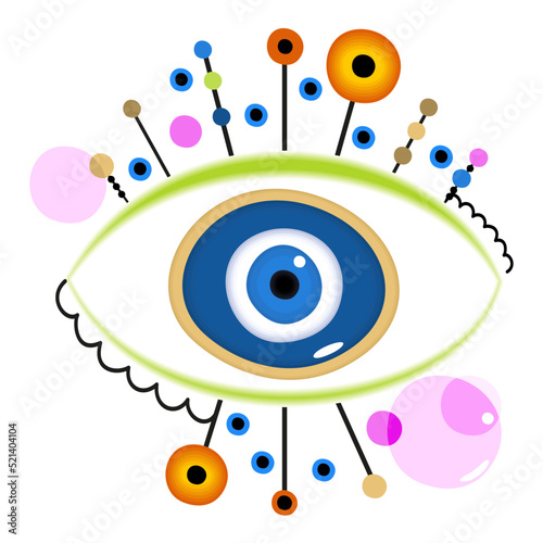 Vector brignt illustration of evil eye with decoration isolated on white background. Magic witchcraft talisman.