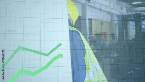 Animation of graph and data processing over male worker inspecting equipment at power plant