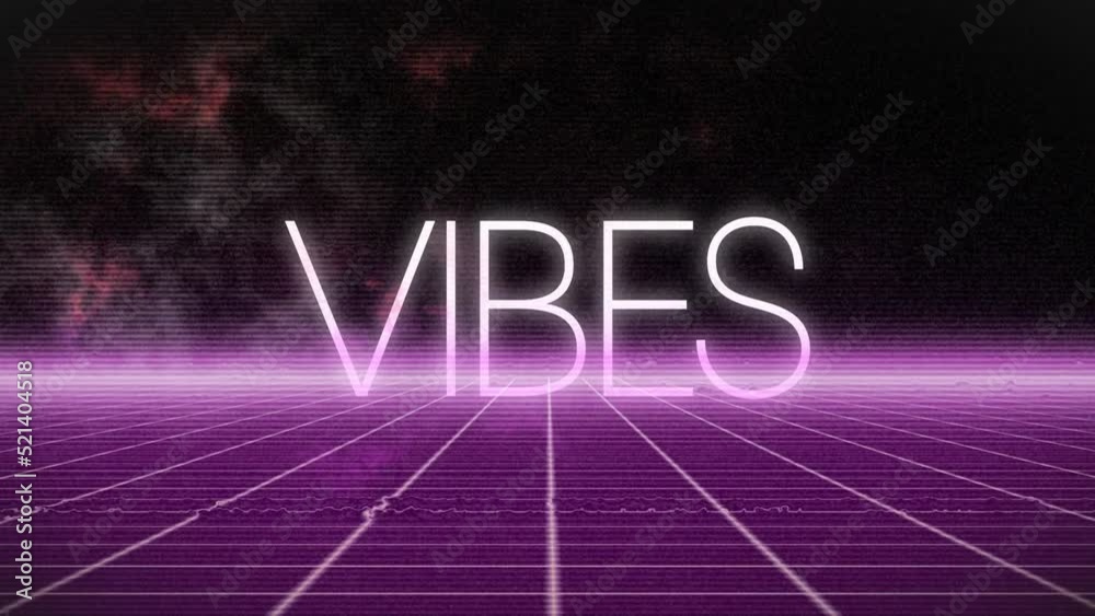 Animation of vibes text in white over pink neon grid and interference on black background Animation of vibes text in white over pink neon grid and interference on black background