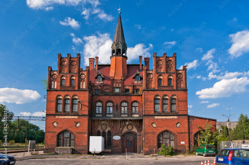 Neo-gothic Railway Station. Nowe Skalmierzyce, Greater Poland Voivodeship, Poland