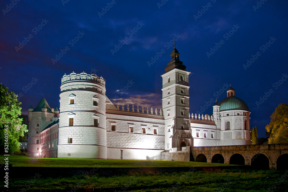 Night view of Castle in Krasiczyn, big village in Subcarpathian Voivodeship, Poland.