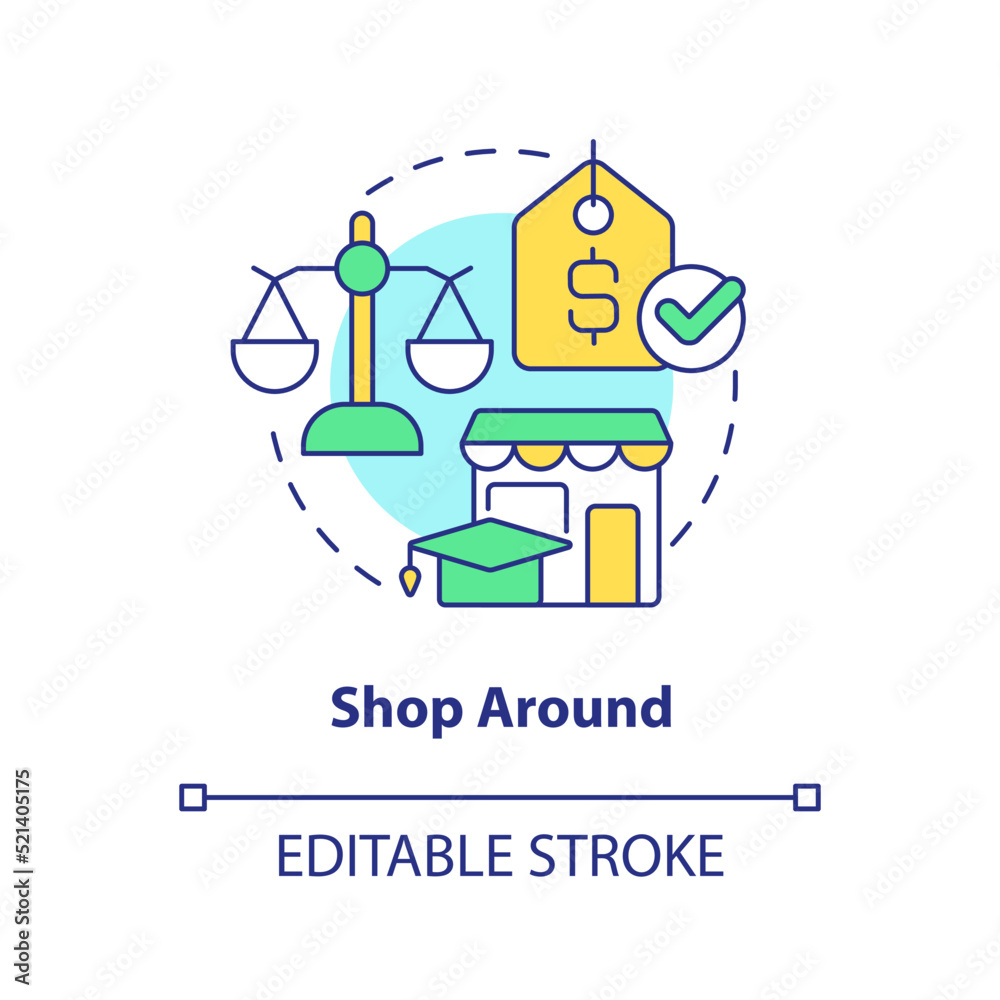 Shop around concept icon. Finance for education. Saving for college tip abstract idea thin line illustration. Isolated outline drawing. Editable stroke. Arial, Myriad Pro-Bold fonts used