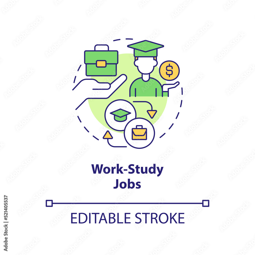 Work study jobs concept icon. Way to pay for college. Financial aid for education abstract idea thin line illustration. Isolated outline drawing. Editable stroke. Arial, Myriad Pro-Bold fonts used