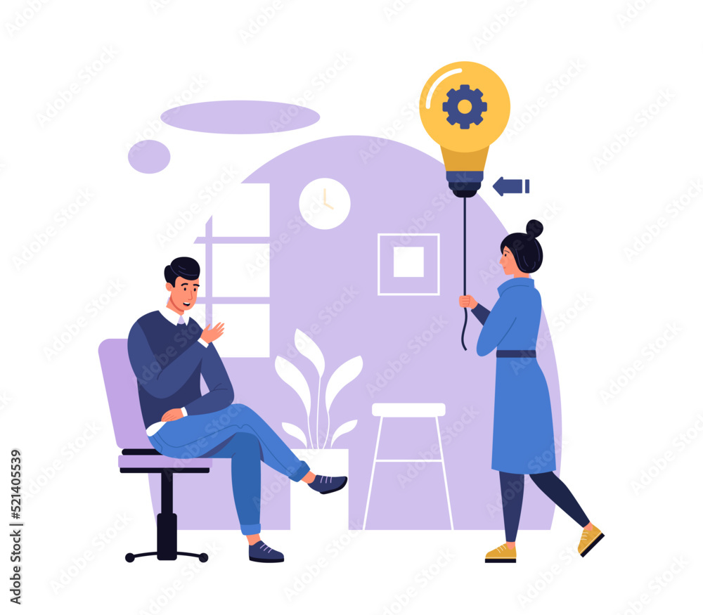 Creative idea. Woman coming with light bulb to colleague. Smart worker sharing innovation or solution Creative idea. Woman coming with light bulb to colleague. Smart worker sharing innovation or solution