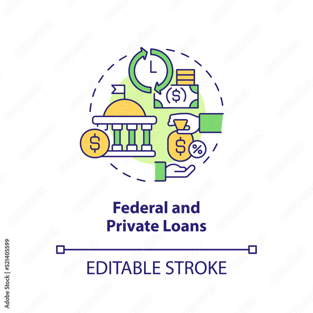 Federal and private loans concept icon. Financial aid for education abstract idea thin line illustration. Isolated outline drawing. Editable stroke. Arial, Myriad Pro-Bold fonts used