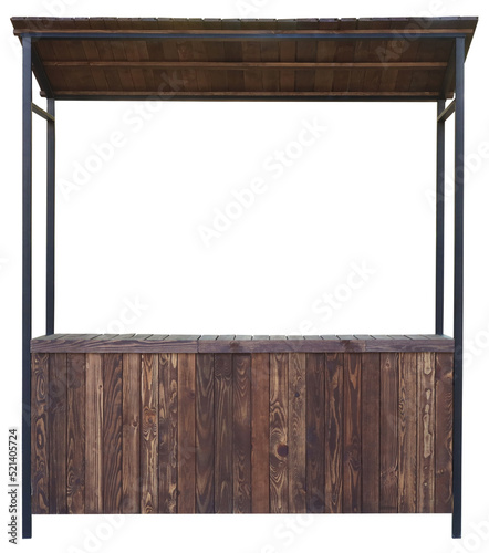 Wooden market stand stall with metal frame isolated on white background