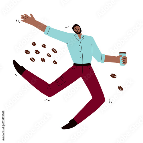 Young happy man with coffee to go cup concept. Cartoon afro american boy cheerfully runs to work postcard. Good morning symbol. Office character. Bearded guy in a shirt and jeans. Vector illustration