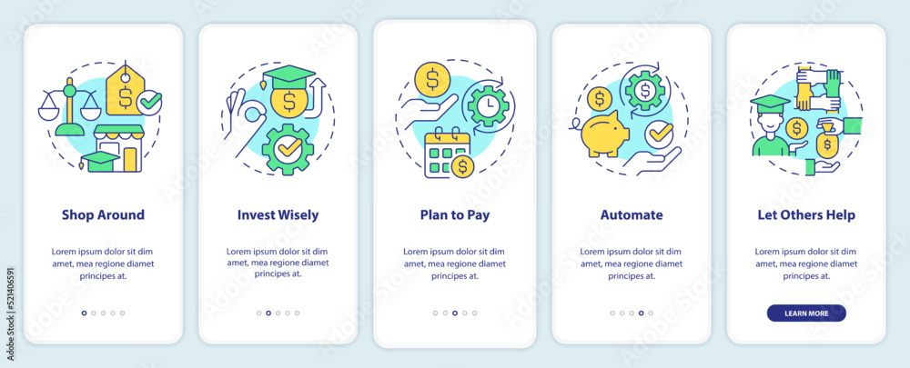 Saving for college tips onboarding mobile app screen. Funds walkthrough 5 steps editable graphic instructions with linear concepts. UI, UX, GUI template. Myriad Pro-Bold, Regular fonts used