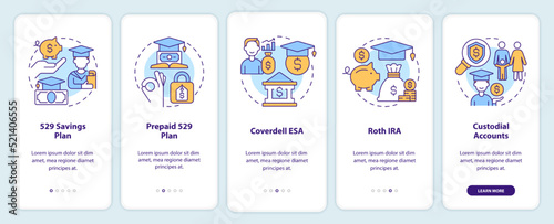 Account types for college savings onboarding mobile app screen. Walkthrough 5 steps editable graphic instructions with linear concepts. UI, UX, GUI template. Myriad Pro-Bold, Regular fonts used