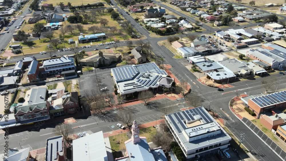 Aerial drone footage of the streets and buildings of Inverell town, NSW, Australia