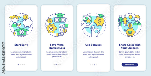 Tips for saving for college onboarding mobile app screen. Education walkthrough 4 steps editable graphic instructions with linear concepts. UI, UX, GUI template. Myriad Pro-Bold, Regular fonts used