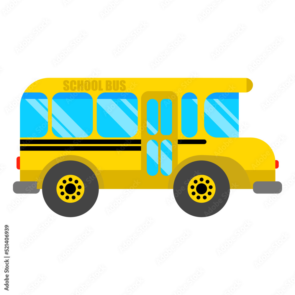 flat vector illustration with isolated background. school yellow bus with wheels, frontally. for icons, stickers.