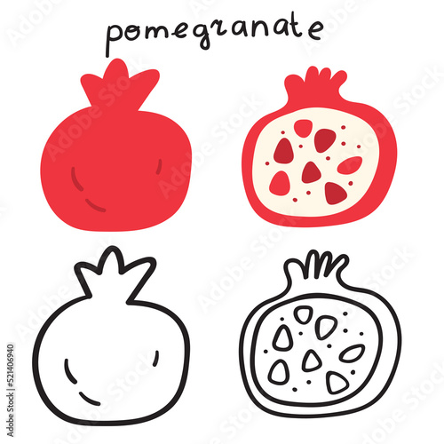 Pomegranate icon. Outline and flat version. Vector illustration on white background.