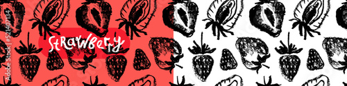 Organic strawberries seamless pattern, strawberry vector illustrations, hand-drawn berry for vegan banner, juice, jam label design. Ripe berries background for baby food packaging. Strawberry backdrop