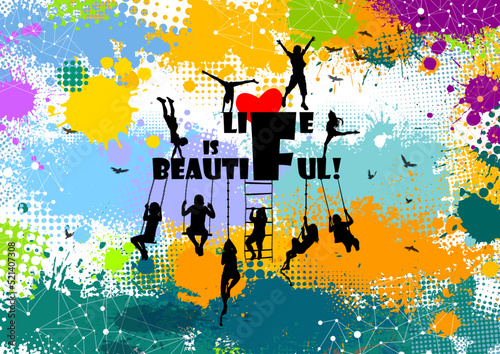 Abstraction people ride on a swing. Life is Beautiful. Happy childhood. Vector illustration