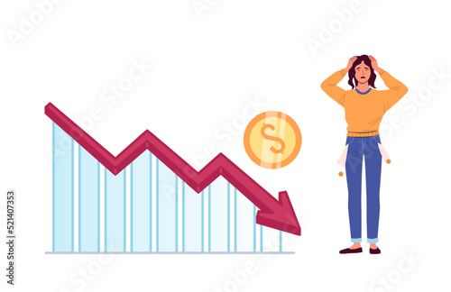 Financial crisis. Depressed woman watching marker fall. Company bankruptcy or budget recession concept