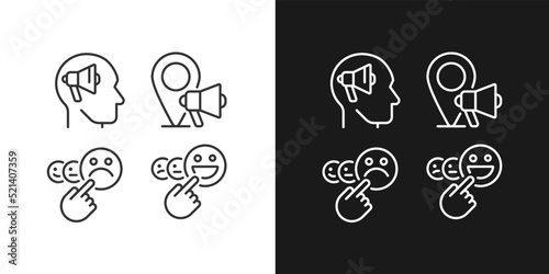 Promotion and feedback pixel perfect linear icons set for dark, light mode. Neuromarketing. Local marketing. Thin line symbols for night, day theme. Isolated illustrations. Editable stroke