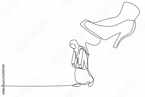 Continuous one line drawing unhappy Arab businesswoman going away with huge high heels kicking her out. Stress employee being fired and kicked out. Single line draw design vector graphic illustration