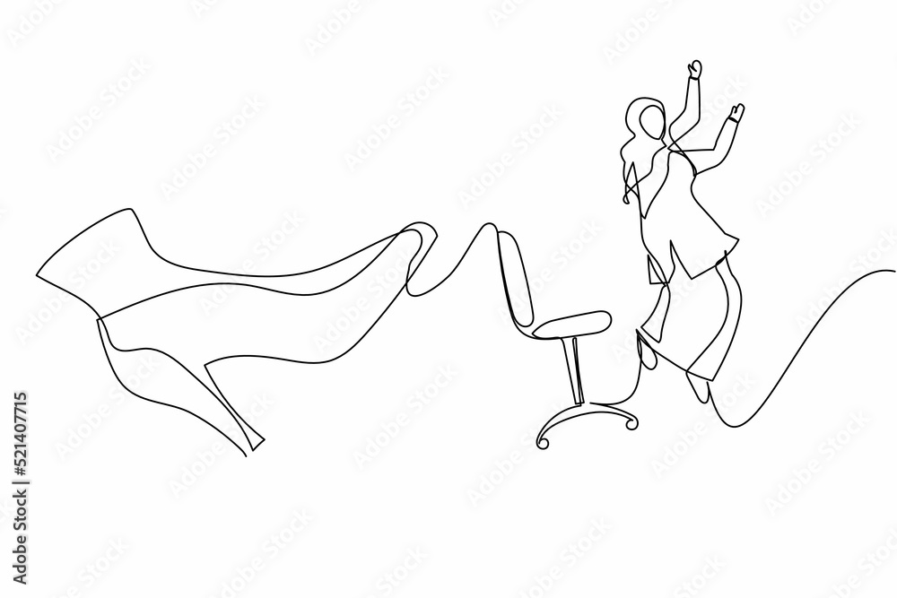 Single continuous line drawing young small Arabian businesswoman kicked out by big foot. Manager kicked away from chair by giant feet. Minimalism metaphor. One line graphic design vector illustration