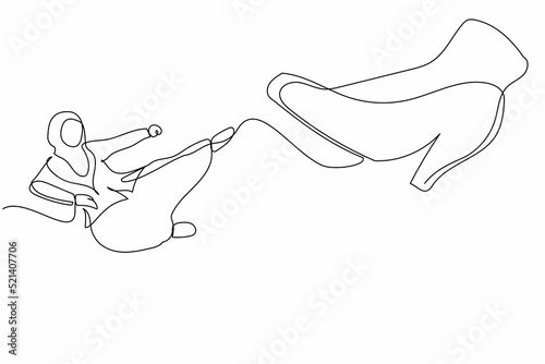 Single one line drawing active Arab businesswoman kick giant foot stomp. Female employee doing flying kick to big high heels. Minimal metaphor. Continuous line draw design graphic vector illustration