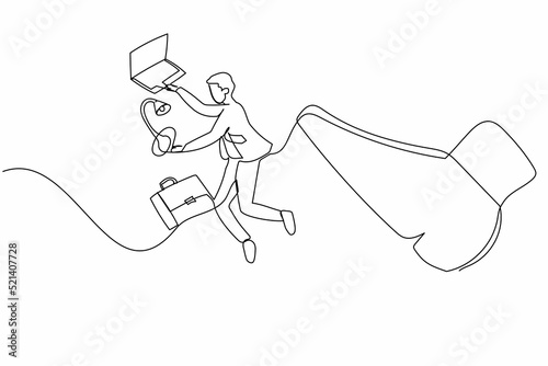 Single one line drawing young businessman kicked out of work with office supplies. Office worker being fired, Dismissal of staff. Minimal metaphor. Continuous line design graphic vector illustration