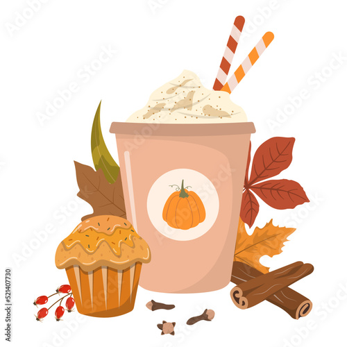 Pumpkin spice latte with cream and cupcake vector illustration. Fall season drink in disposable cup with muffin. Autumn greeting card, postcard design.