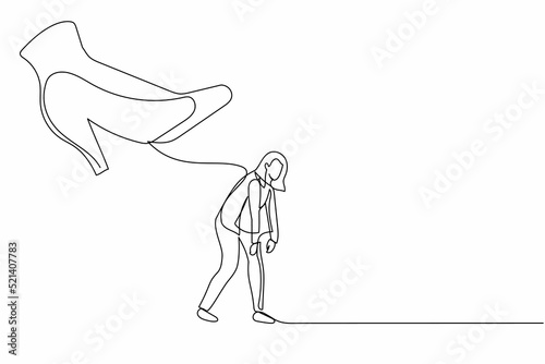 Continuous one line drawing stressed businesswoman going away with huge high heels kicking her out. Sad female employee being fired and kicked out. Single line draw design vector graphic illustration