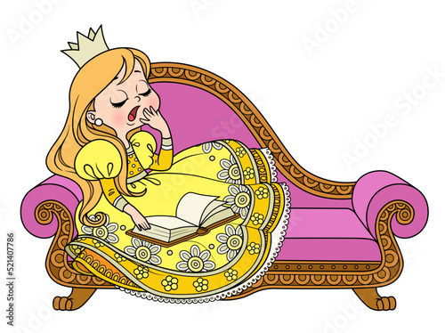 Cute princess falls asleep on the sofa with a book color variation for coloring book