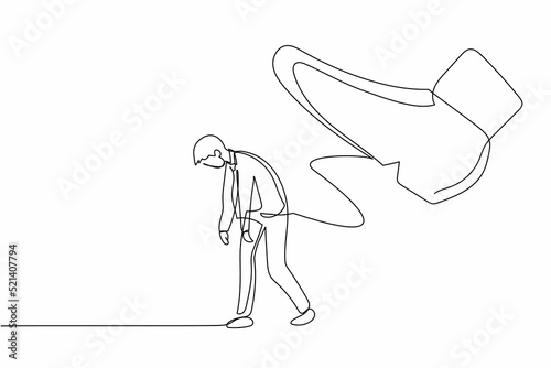 Single one line drawing young businessman going away with huge boot shoe kicking him out. Office worker being fired and kicked out concept. Minimal metaphor. Continuous line design vector illustration