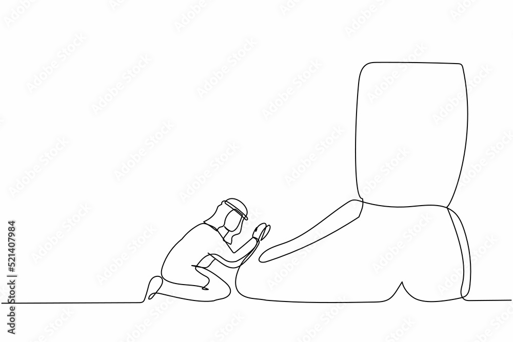 Continuous one line drawing failed Arabian businessman kneeling a giant foot or shoe. Office worker apologize to boss. Minimalist metaphor concept. Single line draw design vector graphic illustration Continuous one line drawing failed Arabian businessman kneeling a giant foot or shoe. Office worker apologize to boss. Minimalist metaphor concept. Single line draw design vector graphic illustration