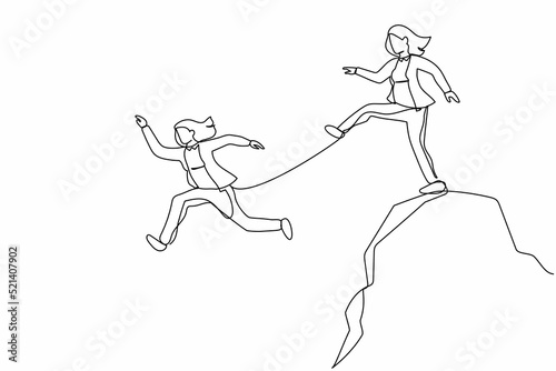 Continuous one line drawing businesswoman kick business partner fall off cliff. Dishonesty, betrayal or jealousy colleague, career competitor or cheating. Single line draw design vector illustration