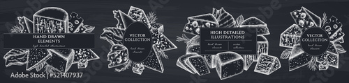 Cheese hand drawn frame templates. Vintage illustrations of brie, gouda cheese, roquefort, etc.