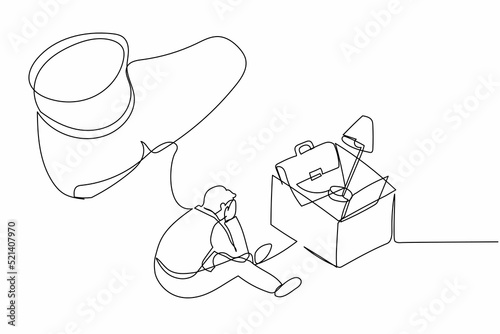 Continuous one line drawing sadness businessman sitting on the floor near office supplies under big foot stomp. Unemployment, dismissal, jobless people. Single line design vector graphic illustration